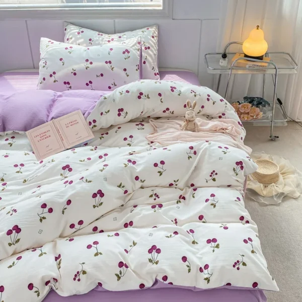 INS Purple Cherry Bedding Set For Girls Boys Double Size Flat Sheet Duvet Cover and Pillowcase Soft Bed Linen Home Textile - Image 3