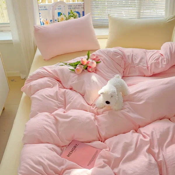 High Quality Washed Cotton Solid Color Bedding Set Ins Kawaii Pink Yellow Girls Duvet Cover Flat Sheet Pillowcase Bed Linens - Image 2