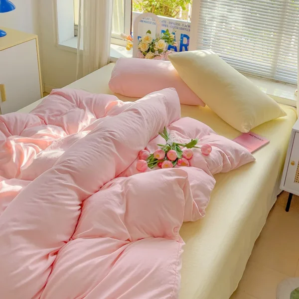 High Quality Washed Cotton Solid Color Bedding Set Ins Kawaii Pink Yellow Girls Duvet Cover Flat Sheet Pillowcase Bed Linens