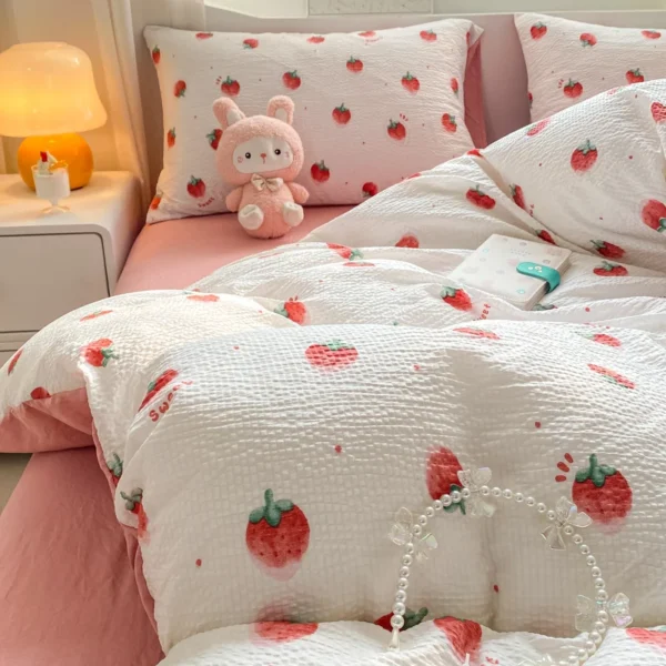 Ins Pink Strawberry Cute Bedding Set Cartoon Fruit Duvet Cover Soft Queen Full Size Flat Bed Sheet Girls Quilt Cover Pillowcase - Image 3