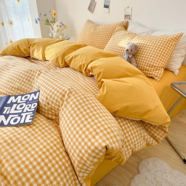 Yellow Lattice Duvet Cover Set with Sheet Pillowcases Soft Washed Cotton Bed Linen Twin Full Queen Size Grid Home Bedding Set - Image 3