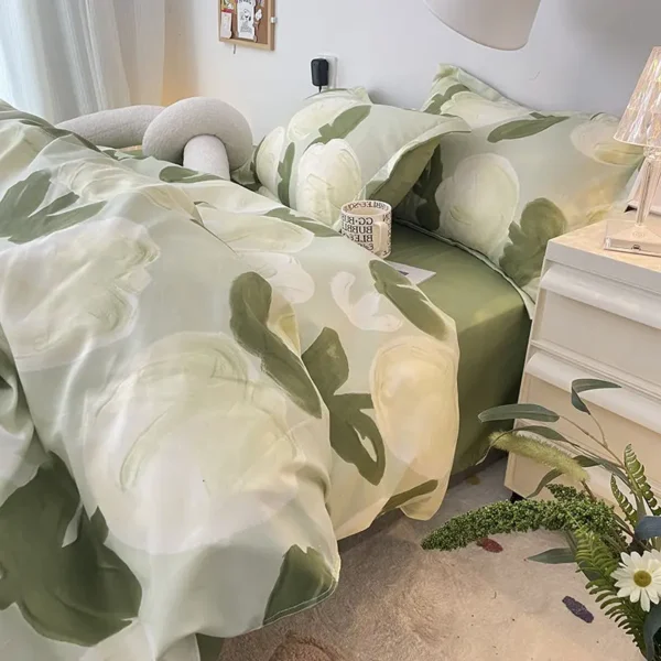 Green Floral Korean Style Duvet Cover Set No Filler Pillowcase Flat Sheet Twin Queen Size Boys Grils Romantic Bedding Kit - Image 5